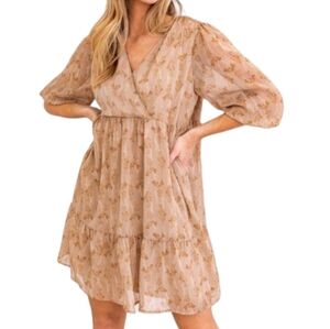 Gilli Boho Farmhouse Cottagecore Taupe Brown Leaf Print Tiered Dress Siz…